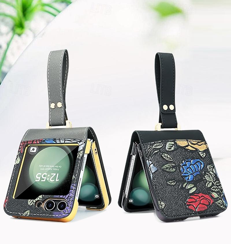 טלפון מגן עבור סמסונג גלקסי Z Flip 5 Z Flip 4 Z Flip 3 כיסוי אחורי ומגן מסך עם רצועת יד עמיד בזעזועים רטרו PC עור PU 2025 - $33.99 –P6