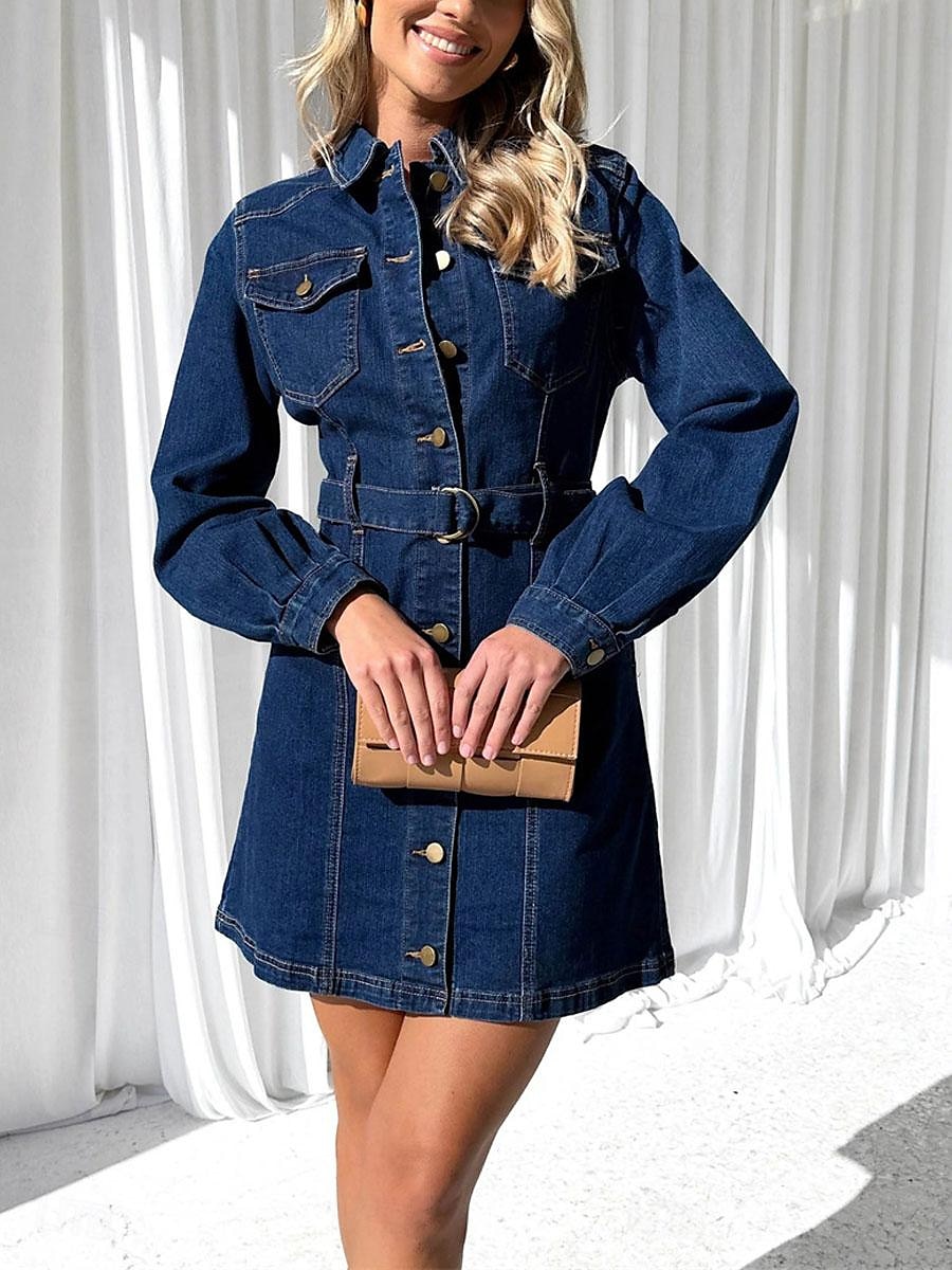 Naisten Farkkumekko Paitamekko Mini mekko Deitti Loma Denim Perus Moderni Paitapuserokaula-aukko nappi Tasku Pitkähihainen Kesä Kevät Normaali Tavallinen 2025 - $53.99 –P7