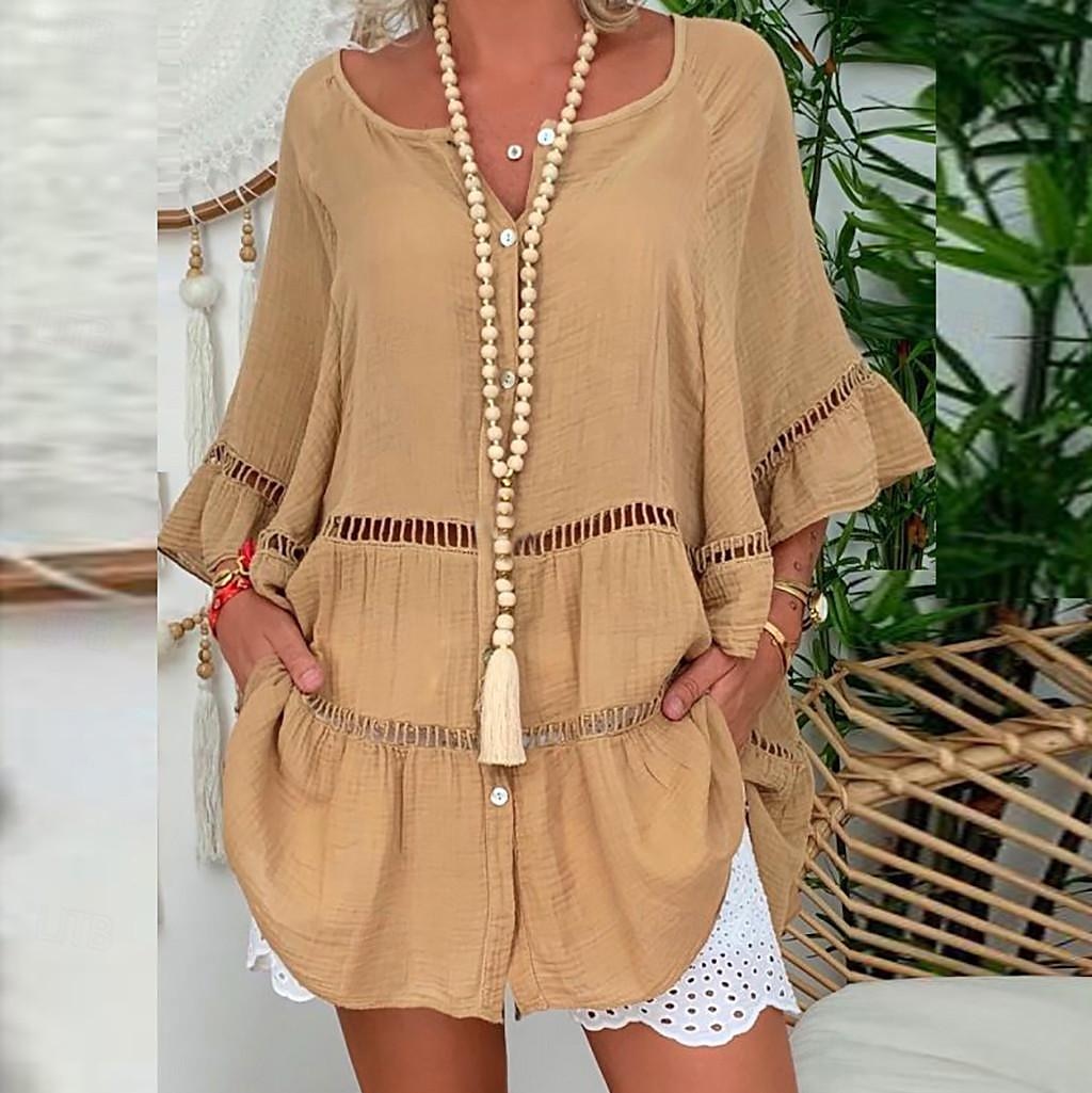 Femmes Chemise Chemises inspirées du lin Chemisier Uni Mode Col en V Rue Quotidien Découpé Longue Blanche Jaune Rouge Marron Été de 2025 ? $25.99 –P4