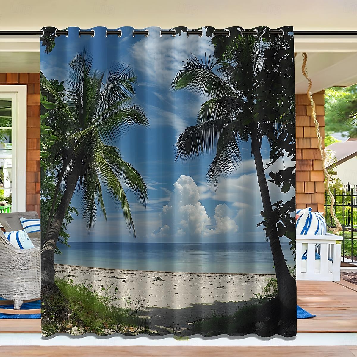 Wasserdichter Outdoor Vorhang Sichtschutzvorhang für den Außenbereich, Schiebevorhänge für die Terrasse, Pergola mit Ösen, Strand-Palmen-Landschaft für Pavillon, Balkon, Veranda, Party, 1 Panel 2025 - $37.99 –P11