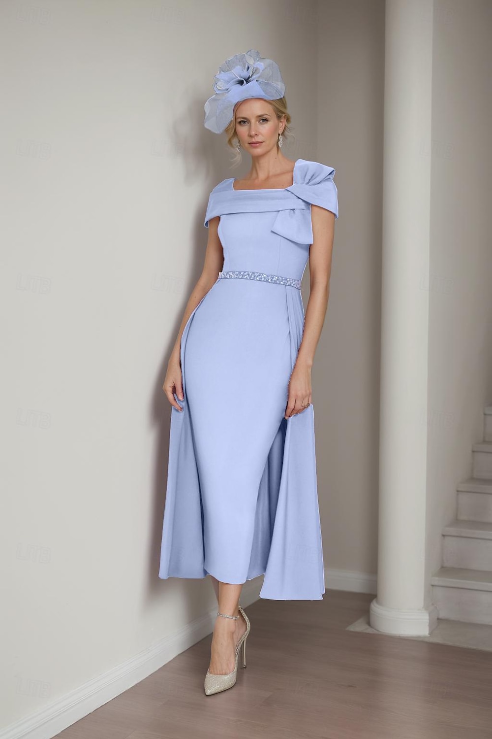 Sheath Brautmutter Kleid Elegantes Quadrat-Ausschnitt Tee-Länge Stretch-Stoff Kurzarm mit Schleife(n) Tier Einfarbig Rennsport Kleid kostenlose Maßanfertigung 2025 - $176.99 –P6