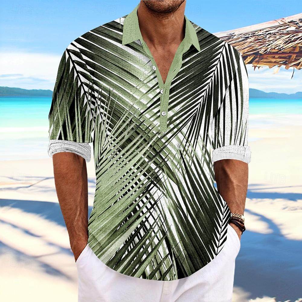 Voor heren Palmblad Tropische planten Hawaiiaans overhemd Aloha-shirt Lange mouw Overhemd Opstaand Hawaii Toevlucht Buiten Vakantie Feest Geel blauw Groen S M L 2025 - $26.99 –P3