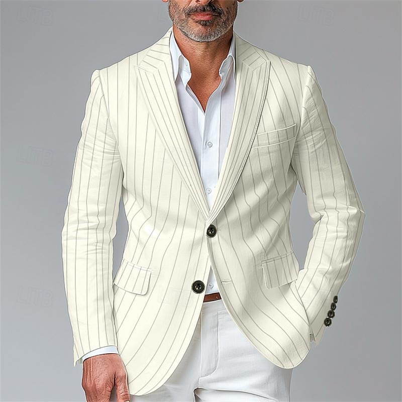 Hombre chaqueta Negocio Fiesta de Cóctel Fiesta de Boda Moda Casual Primavera & Otoño Poliéster Rayas Botón Bolsillo Cómodo Botonadura Simple Chaqueta de sport Negro Blanco Amarillo Azul Piscina 2025 - $54.99 –P14