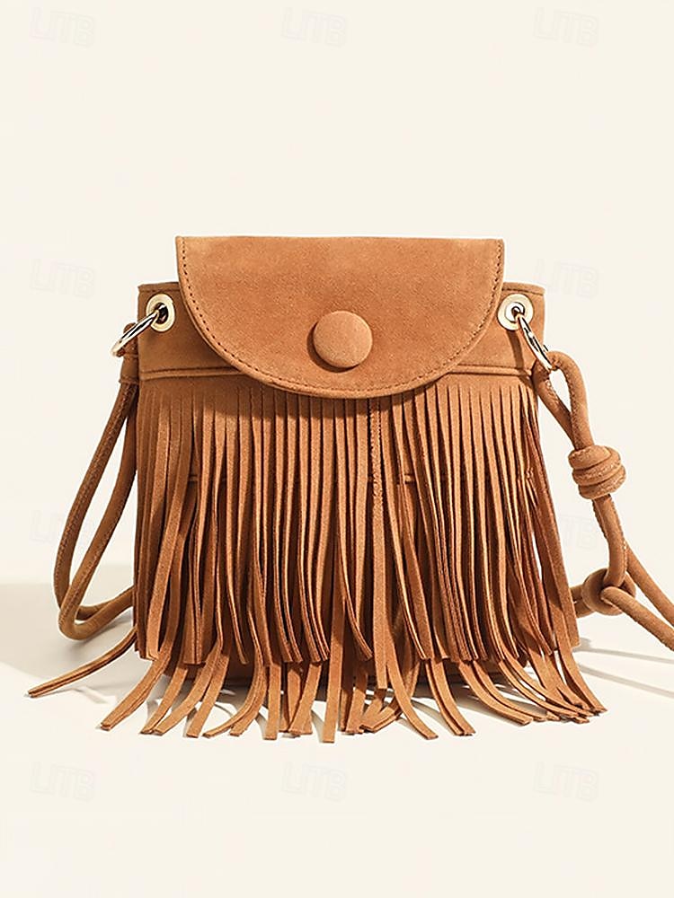 Dámské Crossbody kabelka Taška přes rameno Kbelík Bag Hobo taška PU kůže Denní Dovolená Plážové Třásně Lehká váha Pevná barva Černá Hnědá 2025 - $19.99 –P3