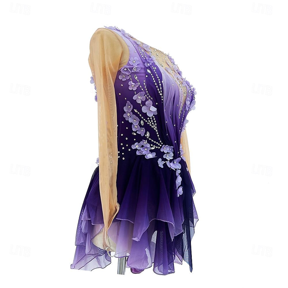 Rochie de Patinaj Artistic Pentru femei Fete Πατινάζ στο πάγο Rochii Mov Mâneci cu Gaura Vopsirea Halo Înaltă Elasticitate Profesional Competiție Ținută Patinaj Termic cald Cristale / Strasuri Manșon 2026 - $335.69 –P2
