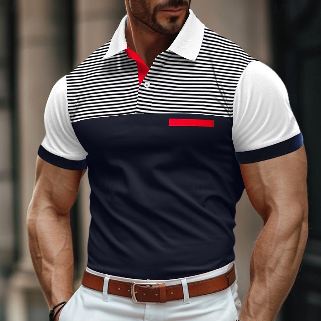 Homens Camiseta Polo Camisa de golfe Casual Feriado gola pólo com nervuras Manga Curta Moda Básico Bloco de cor Riscas Clássico Verão Normal Branco Amarelo Vinho Azul Marinho Azul Céu Camiseta Polo de 2025 por $22.99 –P1