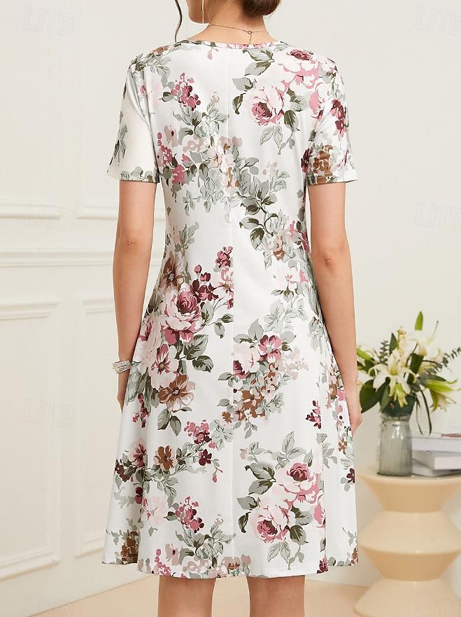 Damen Elegantes Partykleid Abendkleid Midi Kleid Rundhals Kurzarm Shift Kleid A-Linien Kleid Sommerkleid Alltag Lockere Passform Floral Grün Beige Sommer 2025 - $23.99 –P4