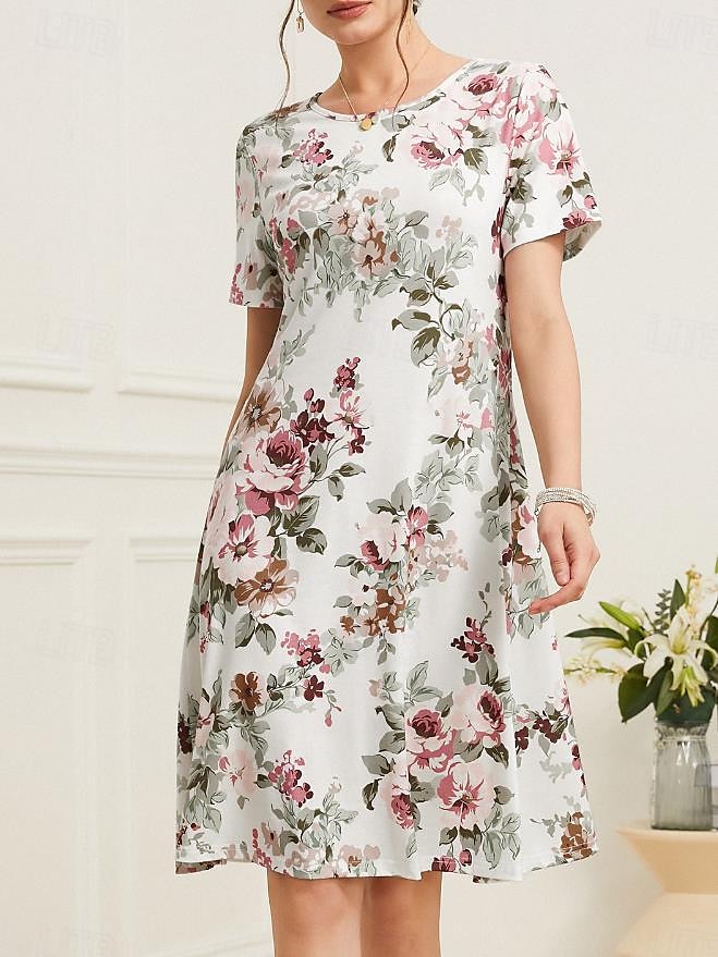 Damen Elegantes Partykleid Abendkleid Midi Kleid Rundhals Kurzarm Shift Kleid A-Linien Kleid Sommerkleid Alltag Lockere Passform Floral Grün Beige Sommer 2025 - $23.99 –P1