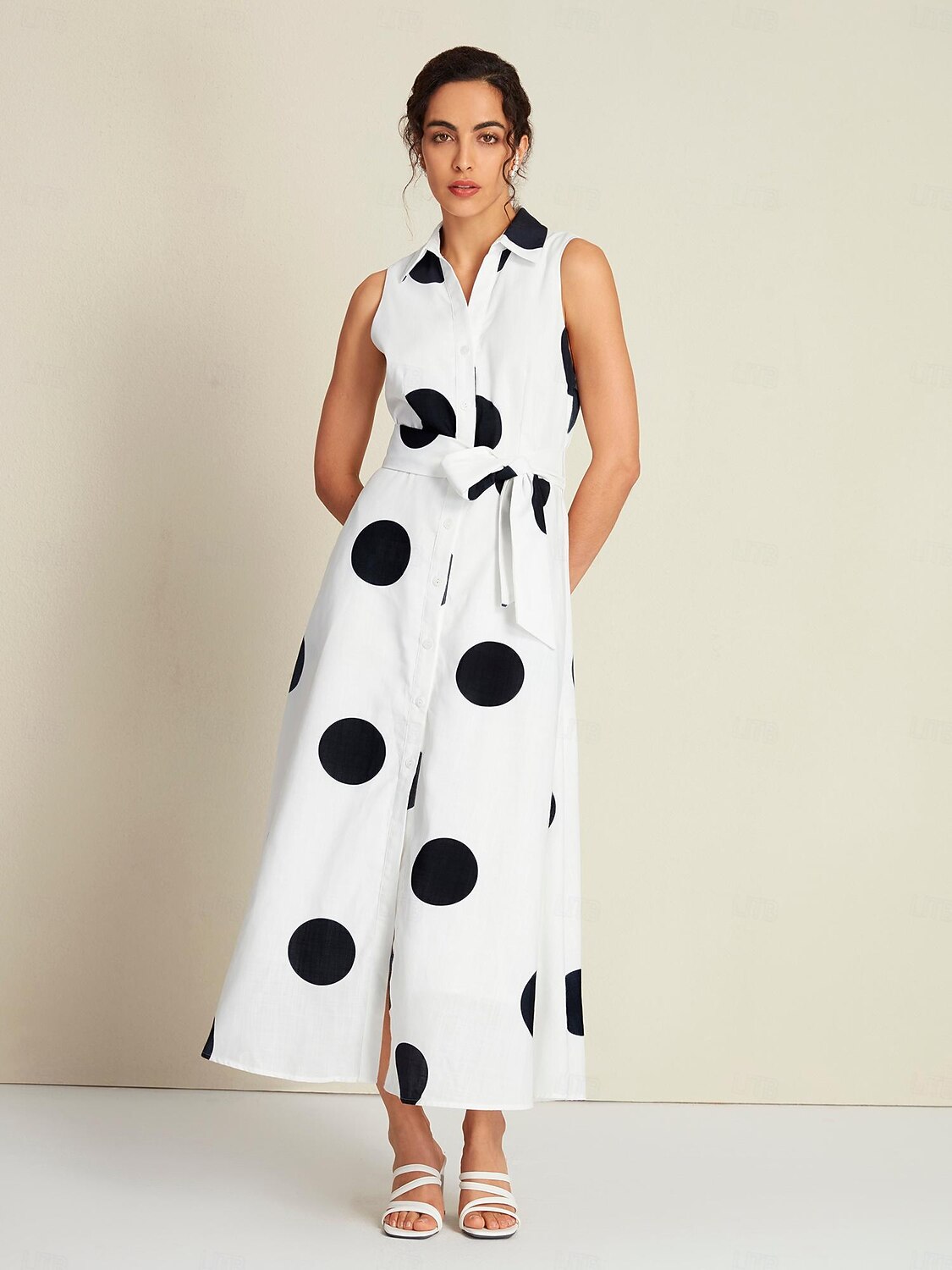 Damen blusenkleid Saum Maxi Maxidress Weiß Ärmellos Punkt Tasche Bindegürtel Sommer Kargen Casual S M L 2025 - $24.69 –P5