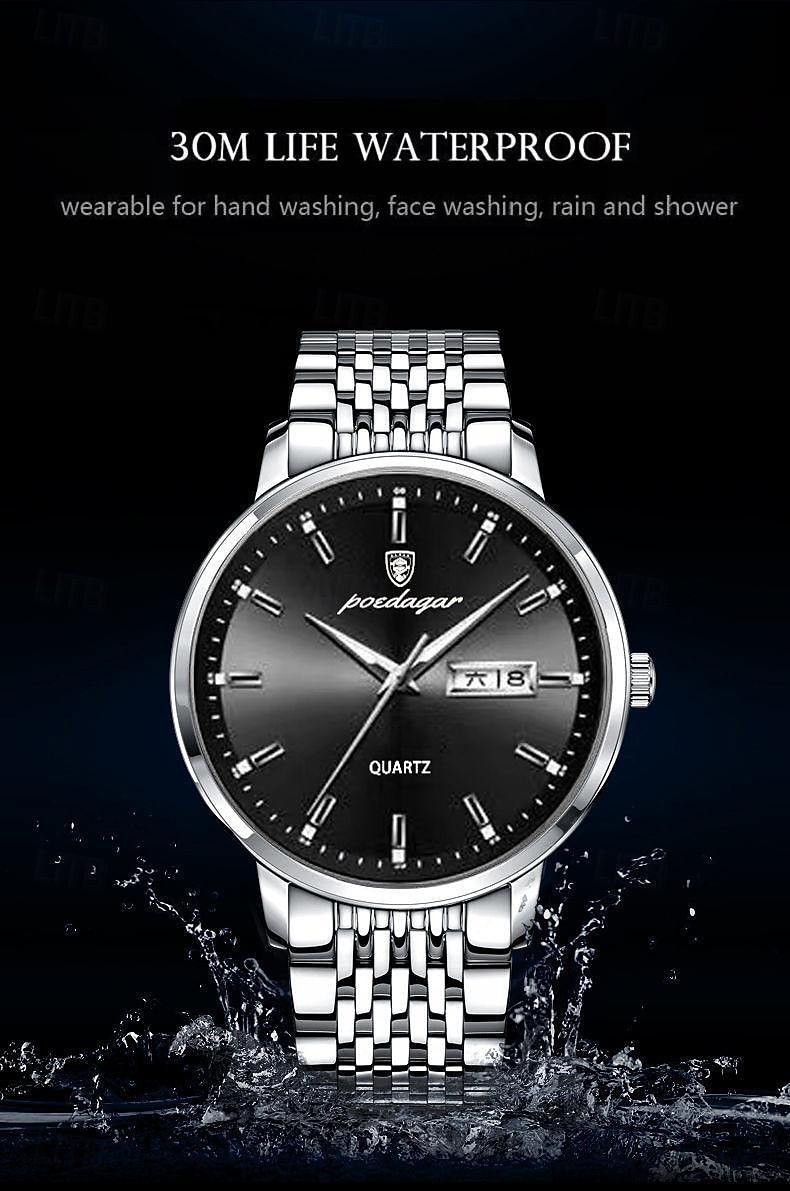 POEDAGAR Men Quartz Watch Minimalist Large Dial Fashion Business Luminous Calendar Date Week Waterproof Steel Watch 2025 - $21.99 –P12