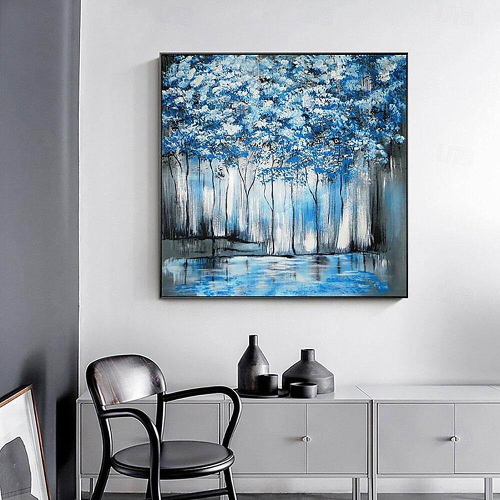 reines handgemaltes Ölgemälde blauer Wald nordisches abstraktes dekoratives Gemälde Wohnzimmer Veranda Leinwandkunst atmosphärisches Wandbild 2025 - $116.99 –P4