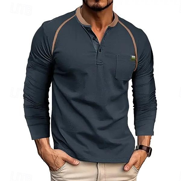 Men's Henley Shirt Tee Top Color Block Crewneck Outdoor Casual Long Sleeve Button Front Pocket Clothing Apparel Fashion Designer Comfortable 2025 - $18.99 –P4