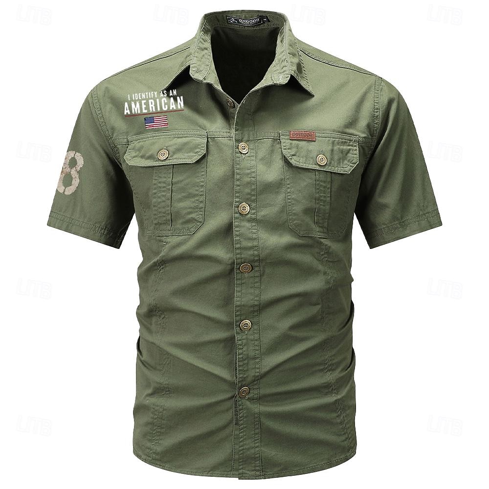 Homens Bandeira American US Flag Com letras estampadas Camisas de trabalho camisa ocidental Camisa de carga Manga Curta Casual Tático Para Noite Verão Aberto para a Lateral Botões Imprimir Preto de 2026 por $27.99 –P3