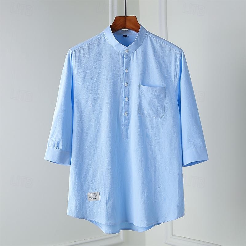 Per uomo Camicia camicia di lino Camicia con colletto cinese Camicia con colletto alla coreana Camicia popover Maglietta informale Liscio Da mare Hawaiano Nero Bianco Beige Azzurro Manica a 3/4 A del 2025 a $26.99 –P7