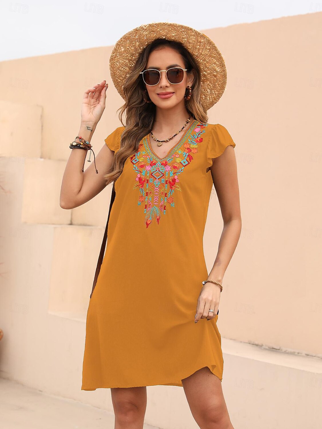 Dam Svart klänning Mini klänning Broderad Cocktailfest Datum Semester Ledigt Boho V-hals Kortärmad Fjäril Svart Vit Orange Färg 2025 - $29.99 –P17