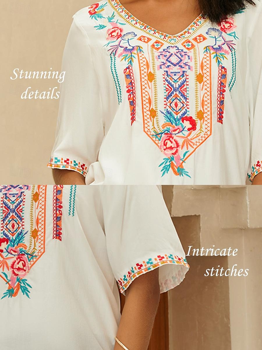 Dame Bluse Geometrisk Bohem 3/4 ermer V-hals Vanlige topper Daglig Broderi Svart Hvit Gul Rød Blå Sommer 2025 - $39.99 –P4