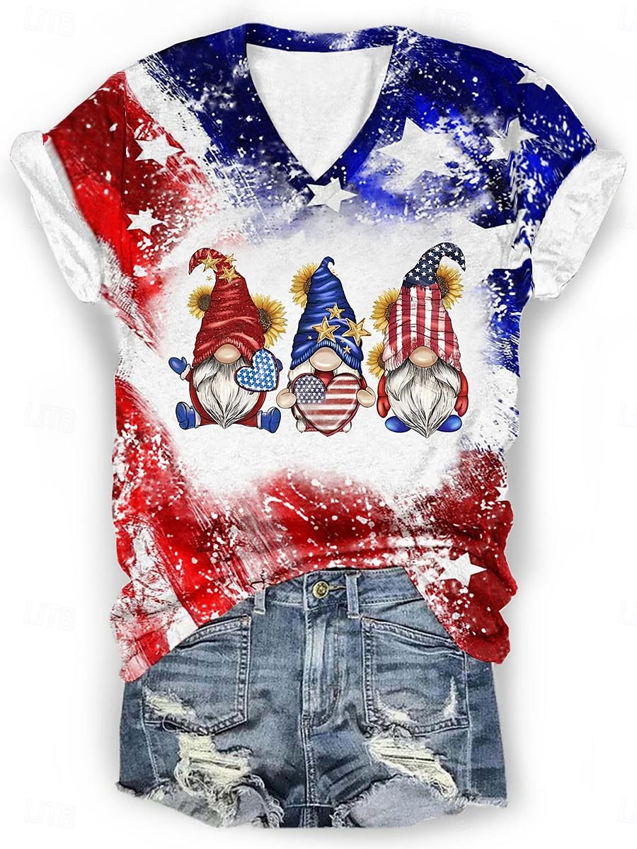 T-shirt patriotique pour femmes impression décontractée à manches courtes hauts réguliers col en V quotidien rouge  bleu été de 2025 ? $19.99 –P1