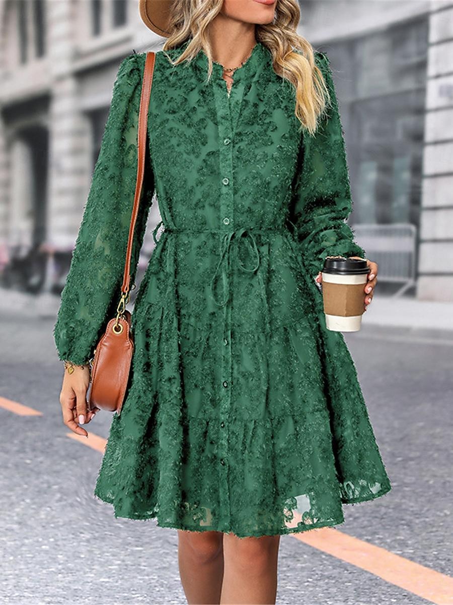 Damen Spitzenkleid Minikleid Angeschnallt Ausgefallene Ständer Langarm Schwarz Wein Marineblau Farbe 2025 - $57.99 –P5