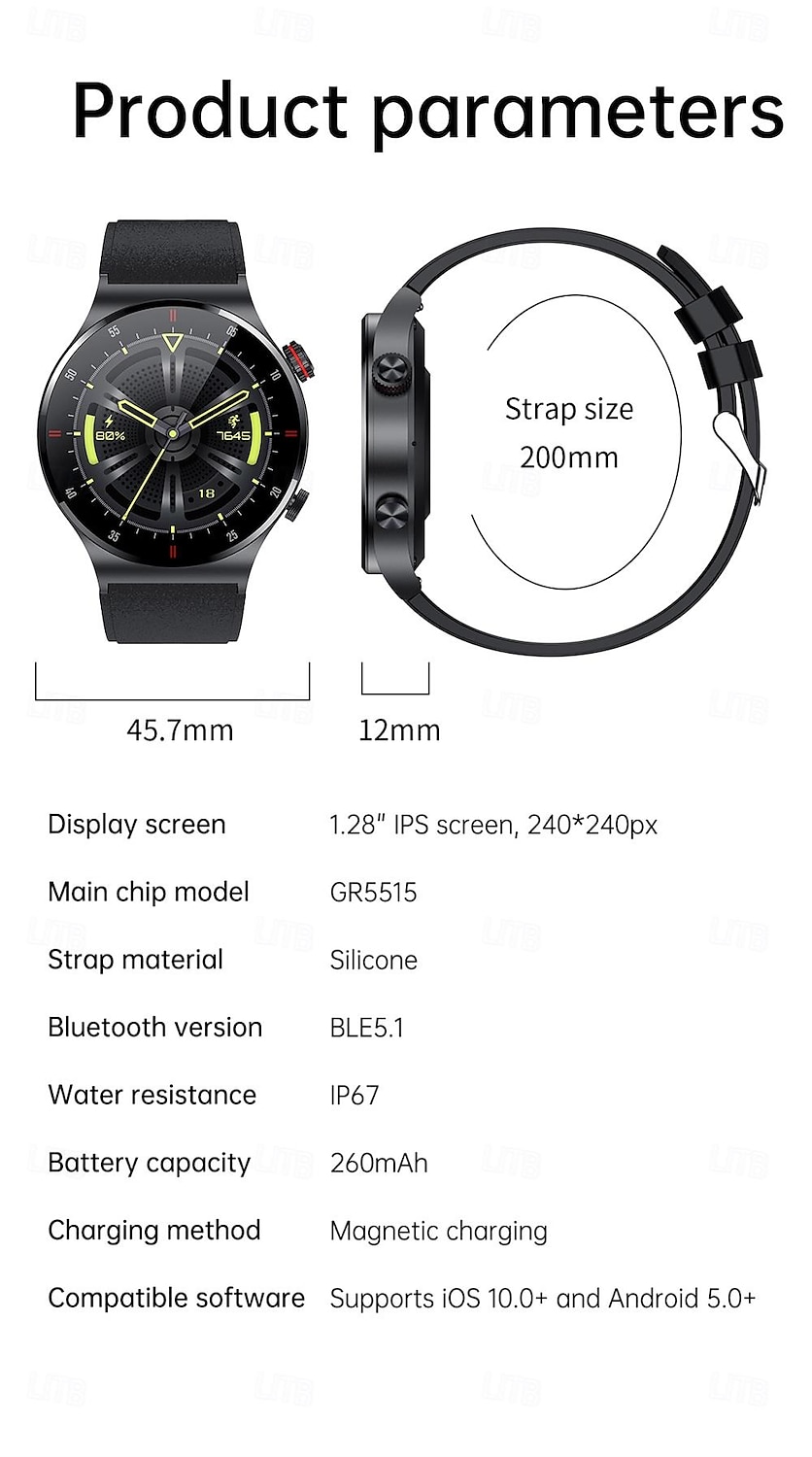 2025年 696 QW33 スマートウォッチ 1.28 インチ スマートブレスレット ブルートゥース ECG + PPG 歩数計 着信通知 と互換性があります Android iOS 男性 ハンドフリーコール メッセージ受信通知 IP 67 46mmの時計ケース  コレクション – $46.99 –P18