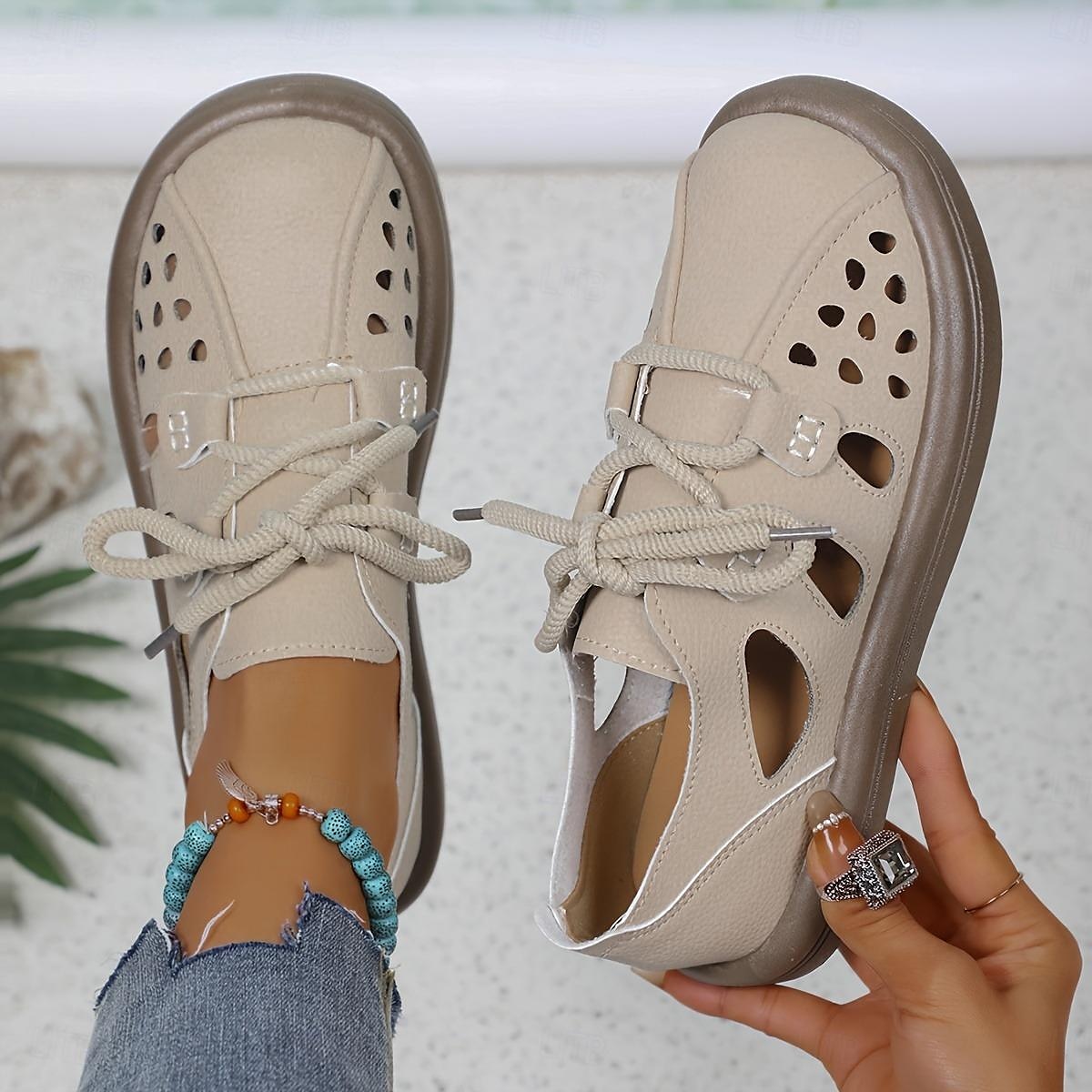 scarpe basse da donna in similpelle con lacci e ritagli bianchi – scarpe casual traspiranti da passeggio per l'estate, i viaggi e l'uso quotidiano del 2025 a $34.99 –P6