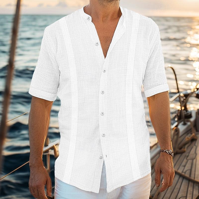 Per uomo Camicia camicia di lino Camicia Guayabera Camicia con colletto a fascia Camicia estiva Abbigliamento mare Liscio Da mare Curise Nero Bianco Blu Verde Manica corta Colletto Estate del 2025 a $22.99 –P1