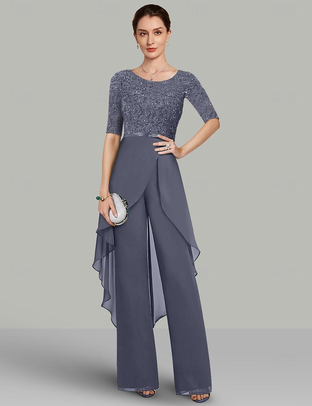 Két Részből Álló Jumpsuit  Nadrágruha Menyasszony Anyjának Menyegzői Vendég Elegáns Ékszer Nyakú Padló Hosszú Chiffon Csipke Félujjú Csipke Rózsa ingyenes egyedi méret 2025 - $182.99 –P1