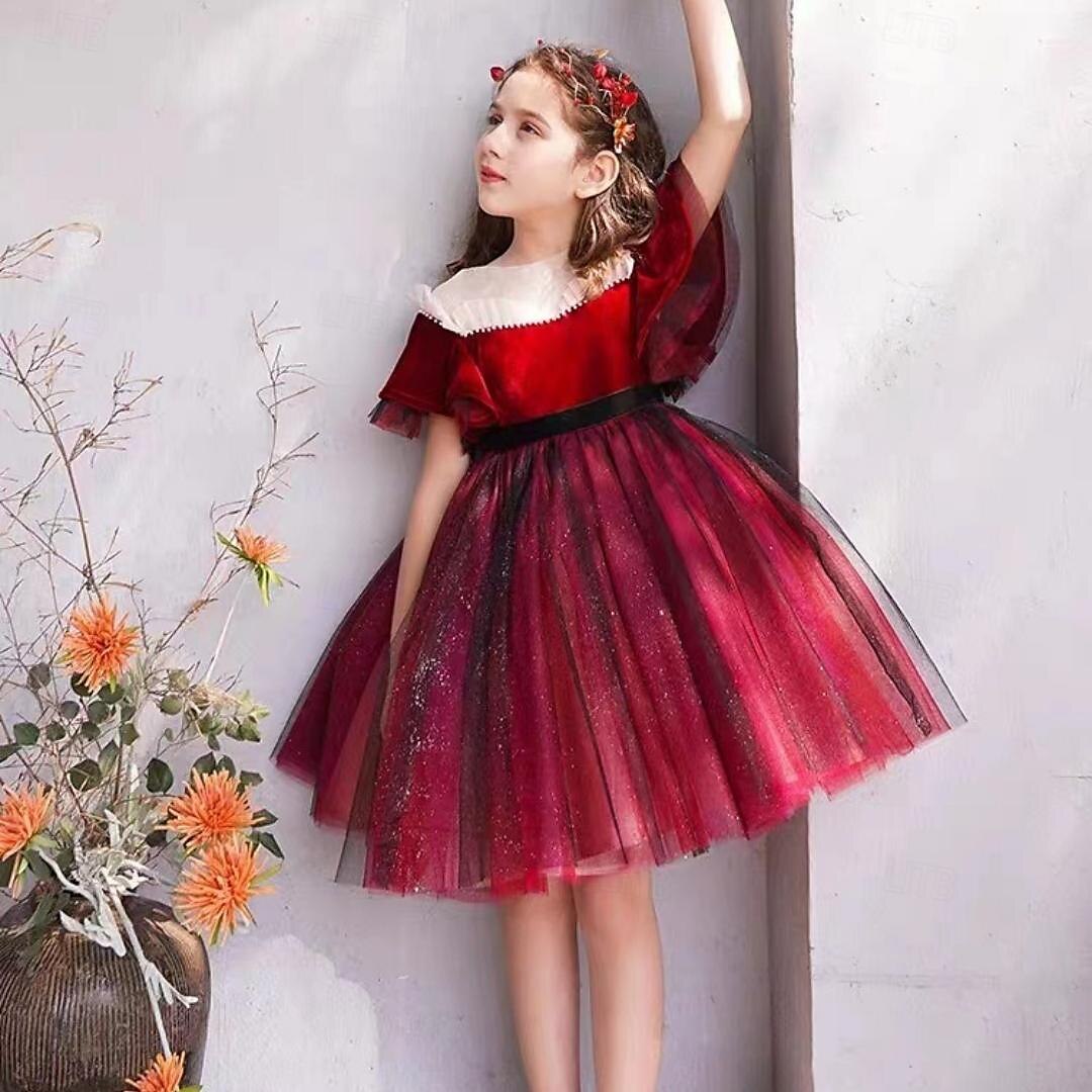 Kids Girls' Flower Girl Dress Party Dress Solid Color Short Sleeve Performance Wedding Party Mesh Princess Sweet Mesh Mid-Calf Sheath Dress Tulle Dress Summer Spring Fall 2-12 Years Red Green 2025 - $53.99 –P1