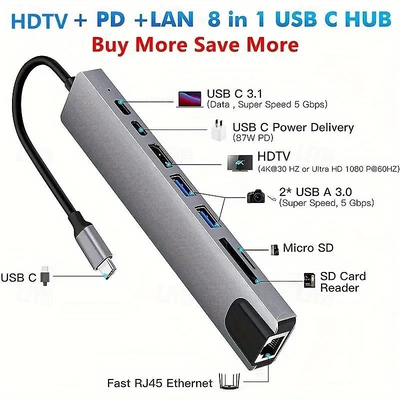 Универсальная док-станция type-c8 с сетевой картой, концентратор USB3.0, док-концентратор для ноутбука 2025 - $26.99 –P2