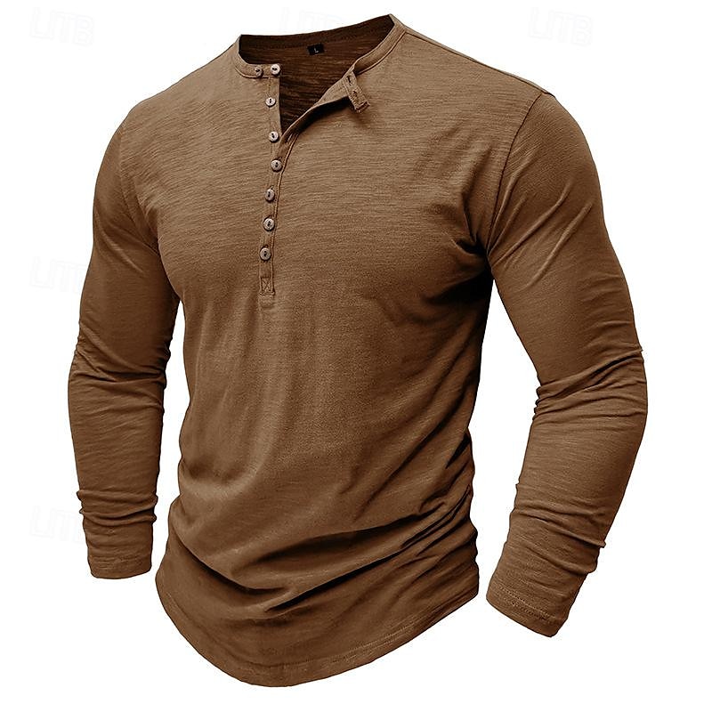 100% Cotton Men's Henley Shirt Tee Top Long Sleeve Shirt Long Sleeve Solid Color Fashion Daily Buttons Henley Outdoor Casual Summer Dark Brown Dark Grey Black Henley T-Shirt 2025 - $22.99 –P12