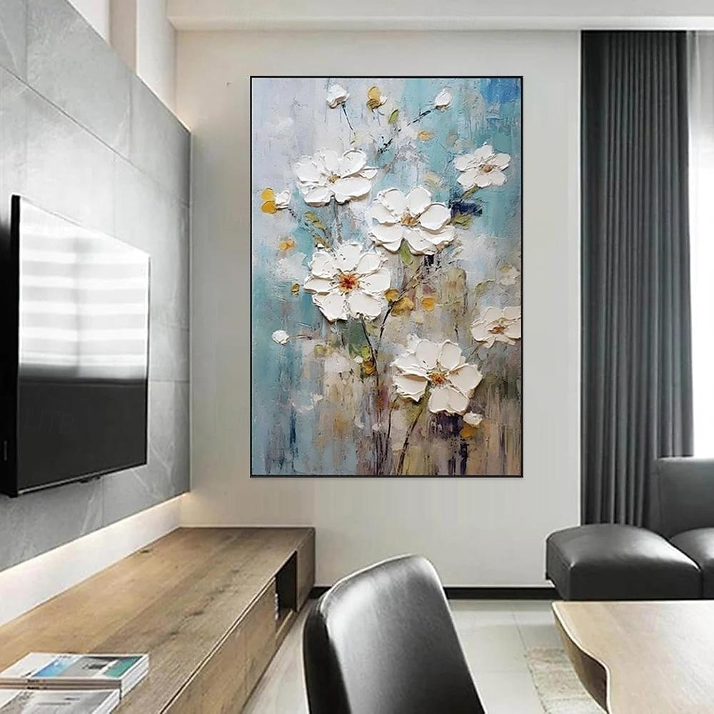 handgemachtes Ölgemälde auf Leinwand, Wandkunst, Dekoration, dickes Öl, weiße abstrakte Blumen für die Inneneinrichtung, gerolltes, rahmenloses, ungedehntes Gemälde 2025 - $54.99 –P2