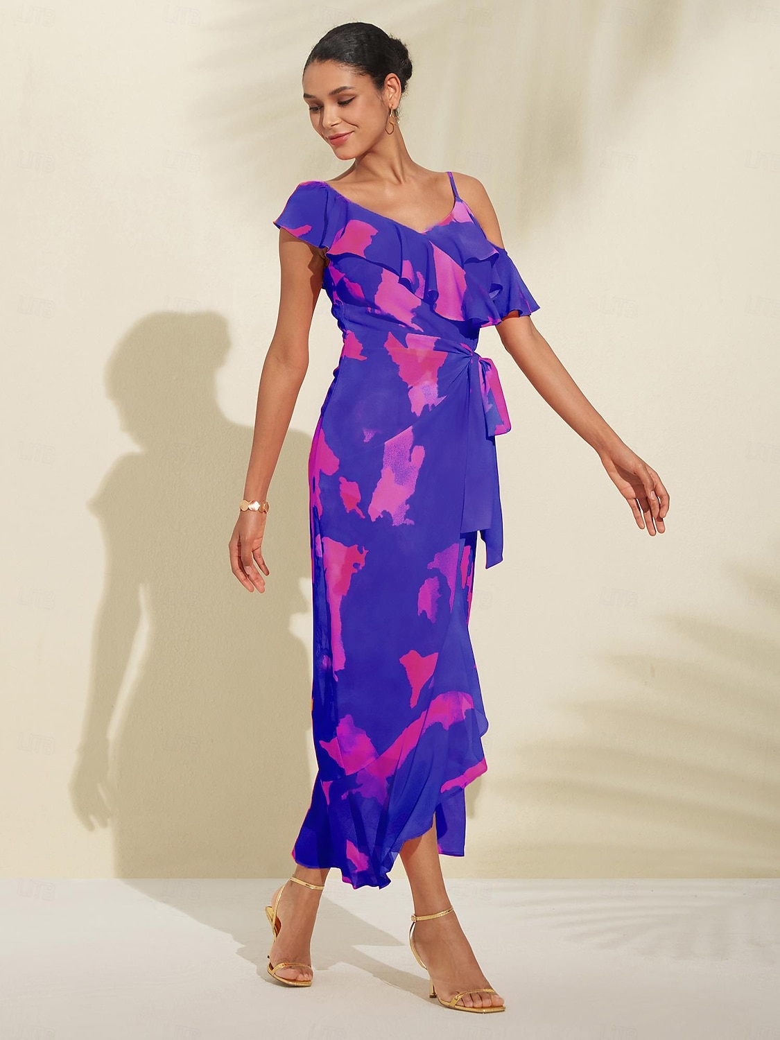 kvinnors peplumklänningar bröllopsgäst midiklänning lila orange kortärmad blommande volang främre slips vår &amp; sommar asymmetrisk romantisk s m l 2025 - $65.99 -P17