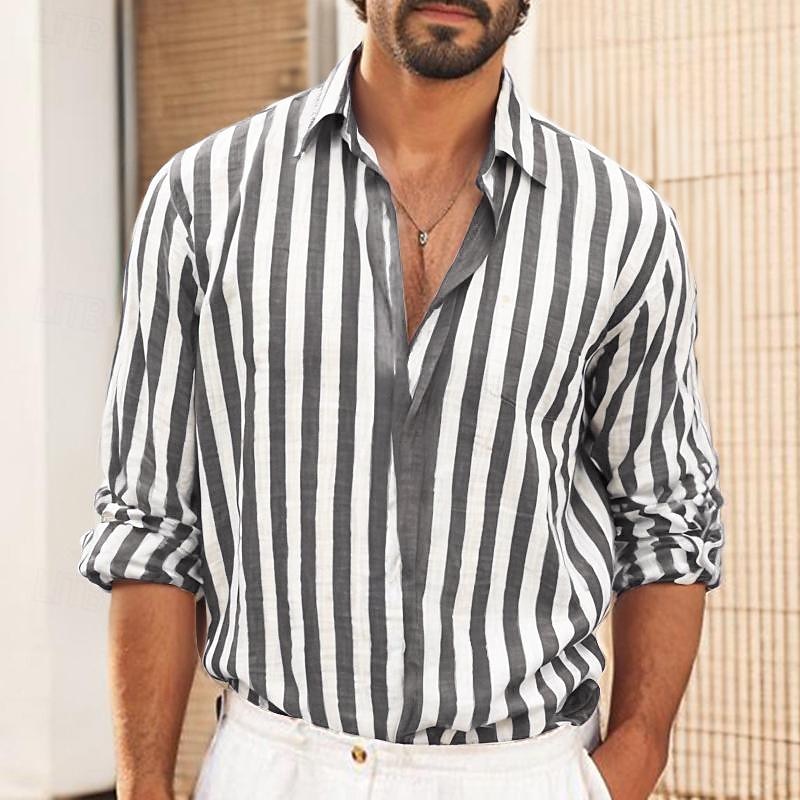 Herren Hemd Weißes Baumwollhemd Freizeithemd Baumwoll-Leinen-Hemd Gestreifte Hemden Gestreift Urlaub Hawaiianisch Schwarz Rosa Rote Marineblau Langarm Umlegekragen Frühling & Herbst Bekleidung 2025 - $27.99 –P13