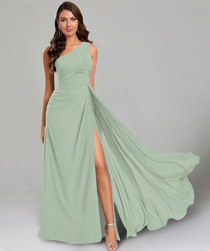 Rochii de oaspeți la nuntă A-Line Rochie Elegantă Cravată Neagră Lungime Pardoseală Mâneci Scurte cu Un Umăr Rochie de Domnișoară de Onoare Chiffon cu Pliseuri 2025 - $153.99 –P2
