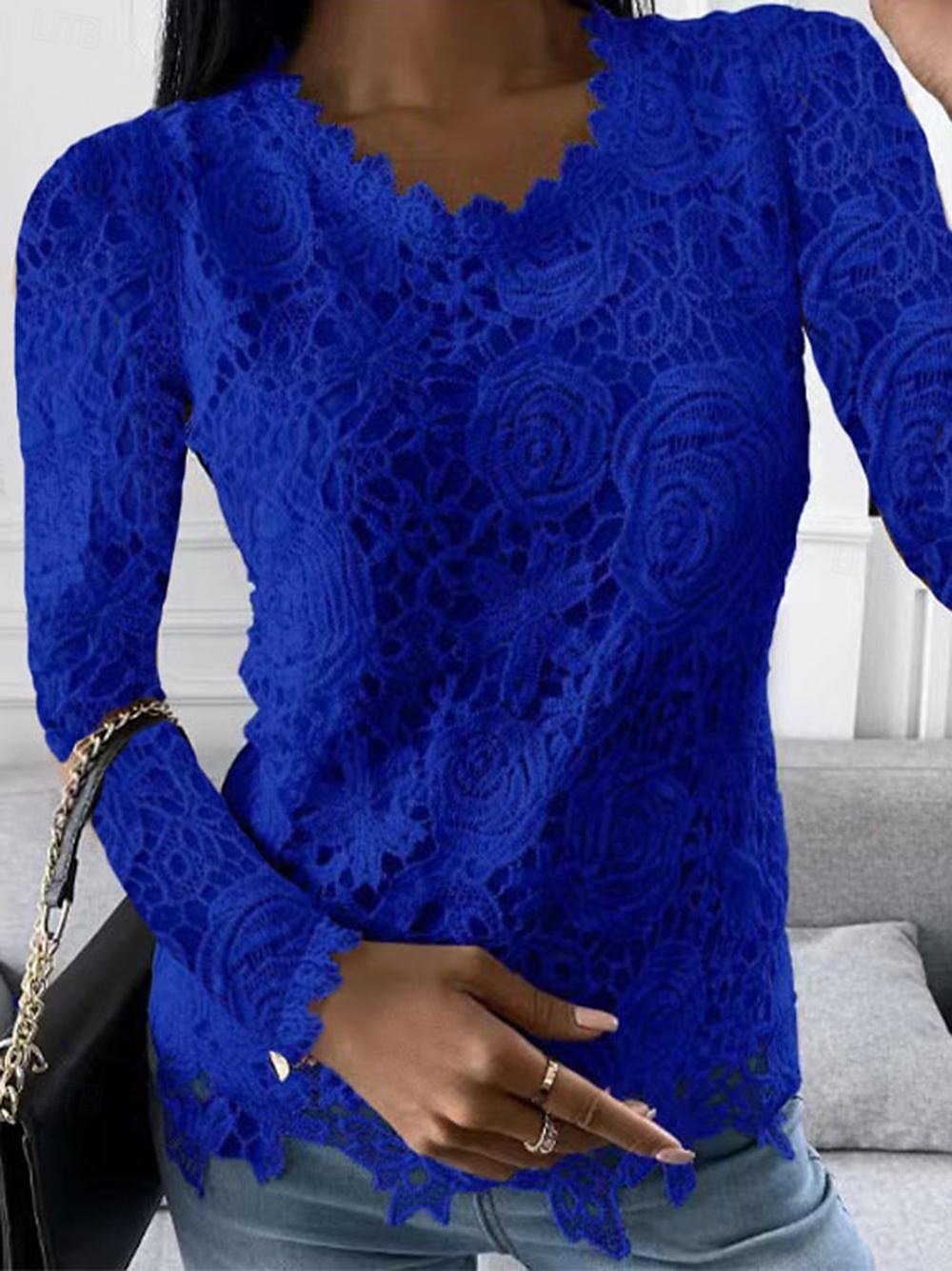 Hemd Bluse Elegante Oberteile Damen Weiß Rosa Wein Glatt Spitze Strasse Täglich Modisch Rundhalsausschnitt Regular Fit S 2025 - $26.99 –P3