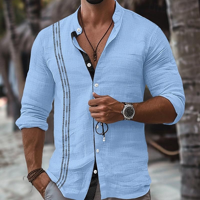 Hombre Camisa camisa de lino Camisa Guayabera Camisa con cuello mao Camisa de verano Ropa de playa Vacaciones Maldición Negro Blanco Rosa Azul Piscina Manga Larga Cuello Mao Primavera verano Ropa 2025 - $25.99 –P4