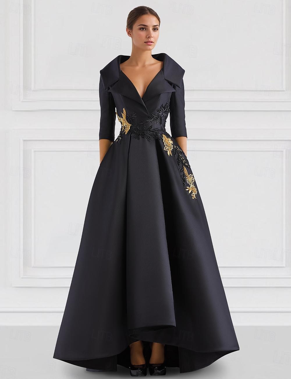 Schwarzes A-Linie Abendkleid Vintage Gesticktes Elegantes Kleid Smokingkleid Formal Bodenlang Langarm V-Ausschnitt Tasche Satin mit Perlenapplikationen 2025 - $146.99 –P1