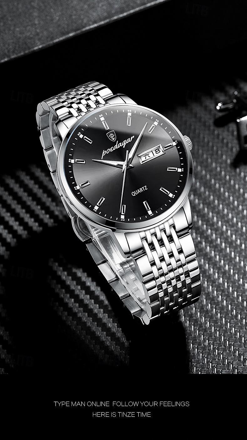 POEDAGAR Men Quartz Watch Minimalist Large Dial Fashion Business Luminous Calendar Date Week Waterproof Steel Watch 2025 - $21.99 –P5