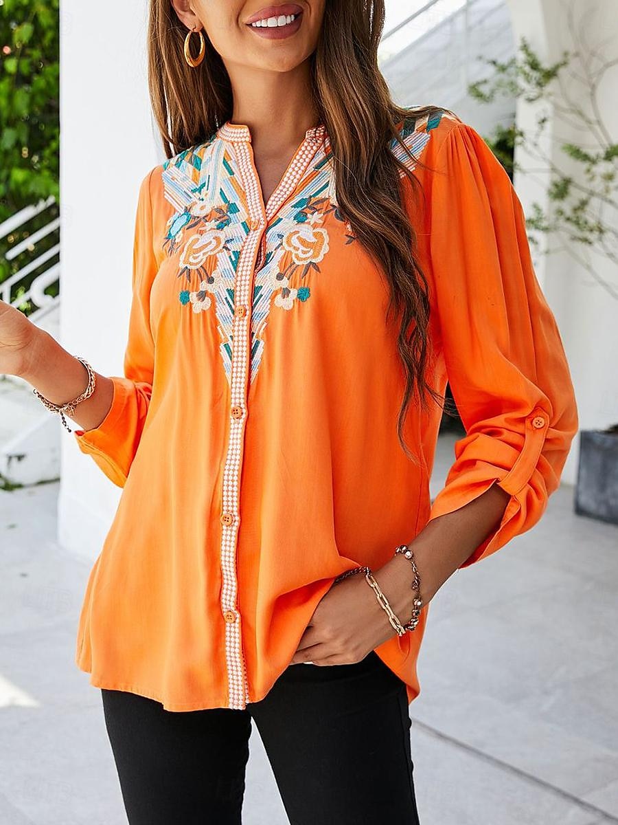 Dames Overhemd Geklede topjes Grafisch Casual Lange mouw V-hals Vakantie Dagelijks Knop Oranje Lente Herfst 2025 - $45.99 –P1