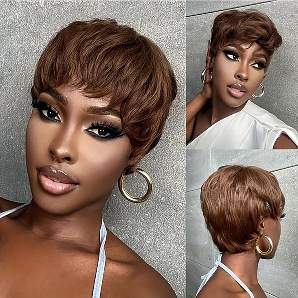 Perruque courte coupe lutin marron cheveux humains pour femmes noires perruques fabriquées à la machine avec frange perruque sans colle colorée perruques de cheveux humains de 2026 ? $47.99 –P5
