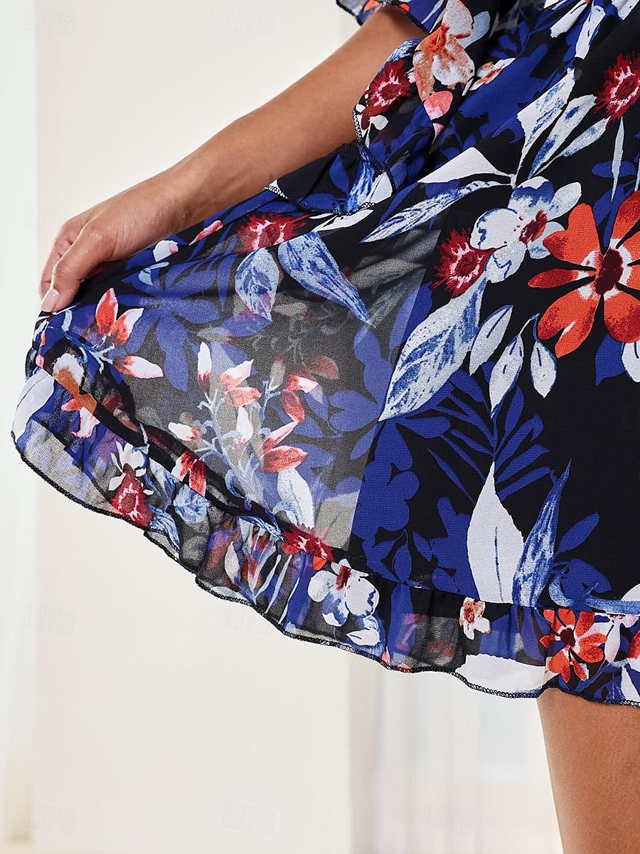 Damen Minikleid A Linie Kleid Stilvoll Urlaub Täglich Lockere Passform Blumen Halbe Ärmel V Ausschnitt Dunkelblau Sommer 2025 - $39.99 –P4
