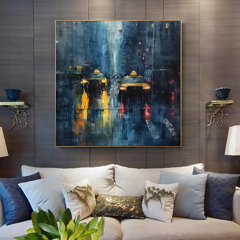 chodec s deštníky v deštivém městě malba olejomalba ručně malovaná deštivé město olejomalba ručně vyráběná panoráma města umění městská malba plátno domácí dekorace natažený rám připravený k zavěšení 2026 - $101.99 –P9