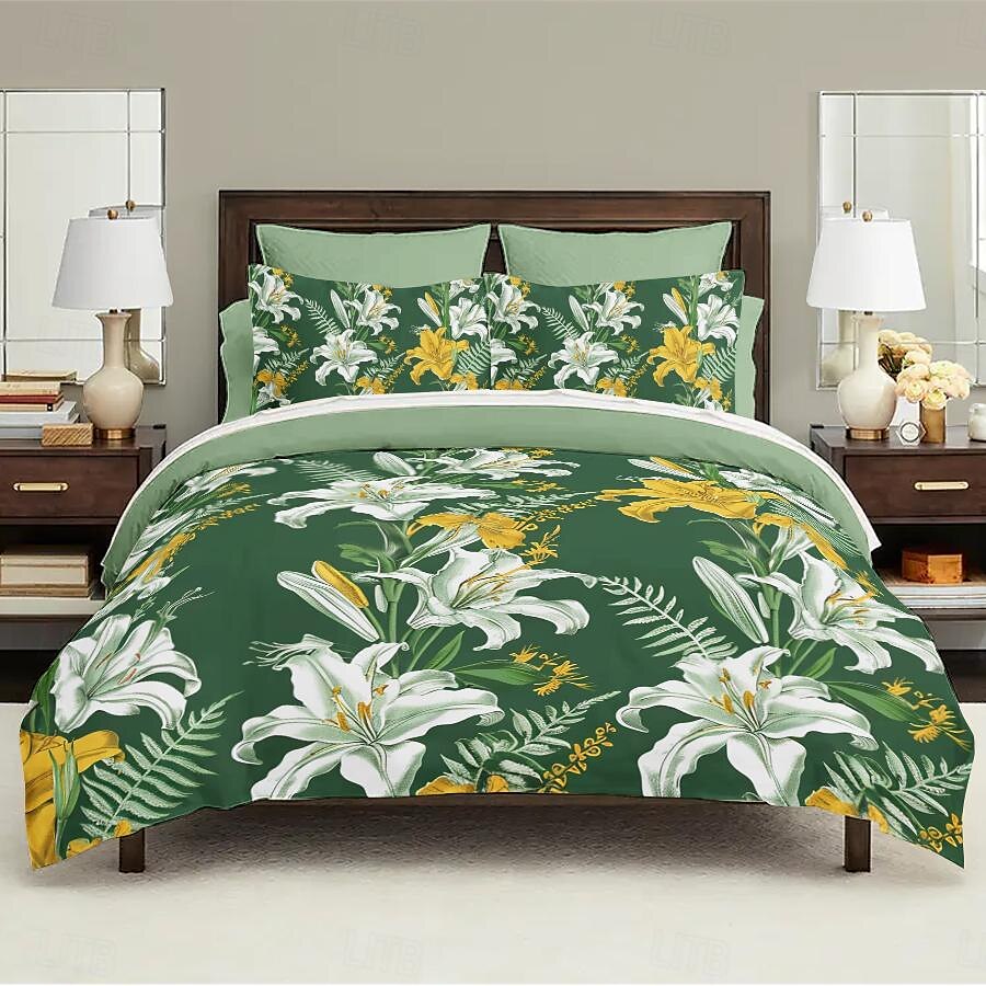 Conjunto de edredom de 3 peças com estampa de lírio branco, para quarto de hotel, quarto de hóspedes, conjunto confortável, 1 capa de edredom, 2 fronhas de 2025 por $60.99 –P8