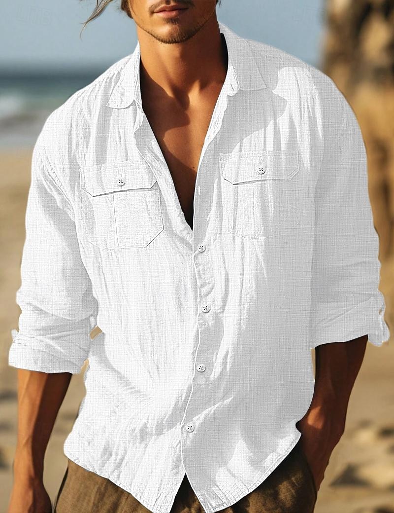 Homme Chemise Chemise en lin et coton Chemisette Chemise d'été Tenues de plage Chemise décontractée Chemise boutonnée Plein Vacances Curise Noir Blanche Bleu clair manche longue Revers Printemps été de 2026 ? $26.99 –P6
