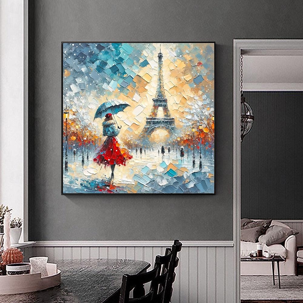 Original verregnete Pariser Eleganz handgemaltes pastoses Ölgemälde lebendige Eiffelturm Straßenszene Wandkunst ungerahmtes Leinwandgemälde 2025 - $131.99 –P4