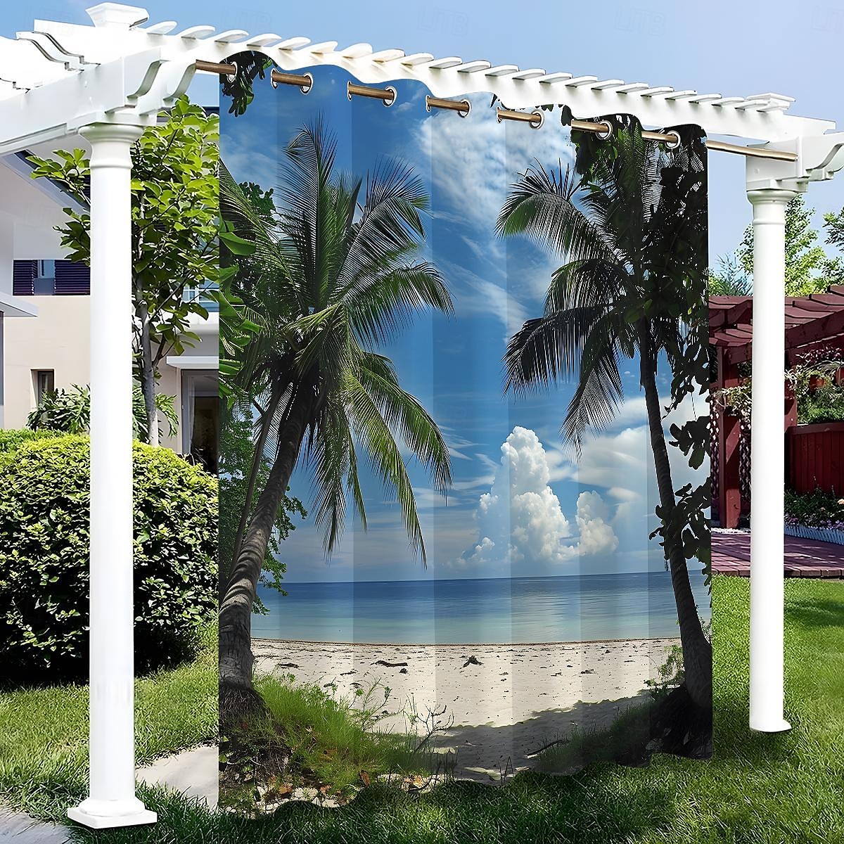 Wasserdichter Outdoor Vorhang Sichtschutzvorhang für den Außenbereich, Schiebevorhänge für die Terrasse, Pergola mit Ösen, Strand-Palmen-Landschaft für Pavillon, Balkon, Veranda, Party, 1 Panel 2025 - $37.99 –P9