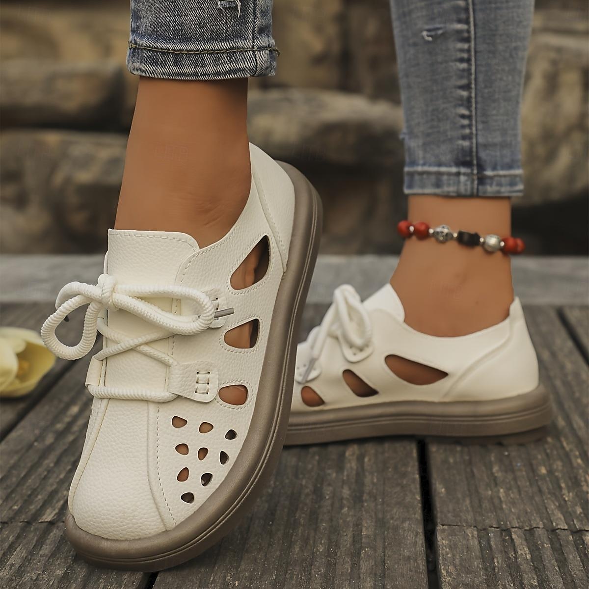 scarpe basse da donna in similpelle con lacci e ritagli bianchi – scarpe casual traspiranti da passeggio per l'estate, i viaggi e l'uso quotidiano del 2025 a $34.99 –P2