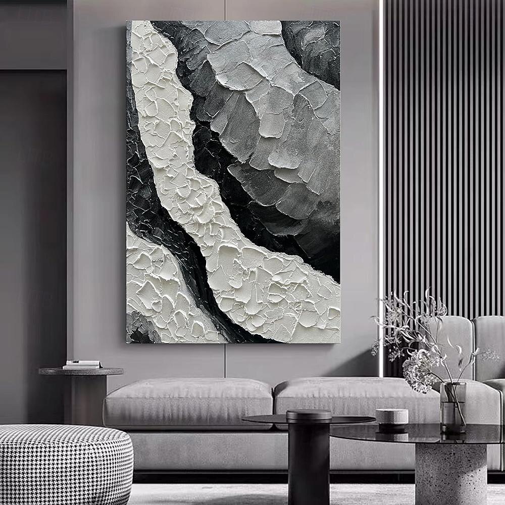 ручная роспись маслом холст настенное искусство украшение абстрактная текстура черный, белый и серый для домашнего декора, свернутая бескаркасная нерастянутая картина 2025 - $47.99 –P5
