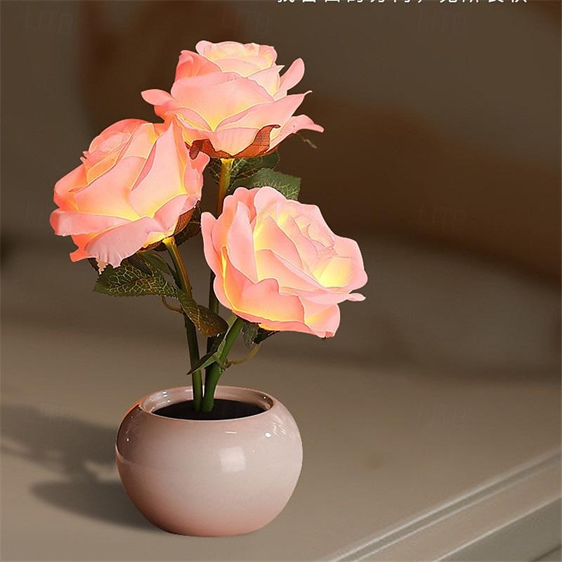 Valentines Flowers Table Lamp, LED 3D Rose Night Light Table Lights Simulation Flower with Vase Table Lamp Ornaments for Home Living Bedroom Decoration Lamp 1pc 2025 - $37.99 –P3
