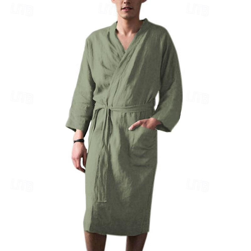 Per uomo Pigiami Accappatoio Liscio Di tendenza Moda Classico Interni Giornaliero Da letto Cotone Comfort Morbido A V Manica lunga Cintura inclusa Estate Primavera Verde del 2025 a $22.99 –P6