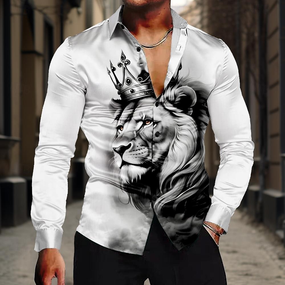 Homme Lion Lit 2 Places 'King' Chemise Chemise boutonnée manche longue Décontractées Formel Eté Printemps Automne Col rabattu Boutons Imprimer Blanche Jaune Bleu Gris de 2025 ? $27.99 –P1